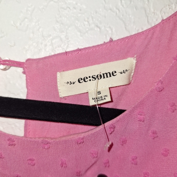 Eesome  Pink Swiss Dot Overlay Stretch Waist Ruffle Sleeve Dress Size Small - Picture 6 of 10